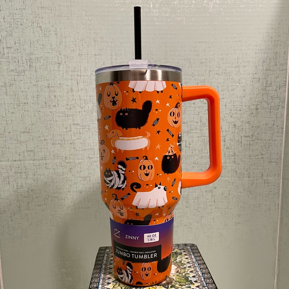 Zinny Jumbo Tumbler with Dog and Cat Halloween Design 40 Ounces Insulated NWT